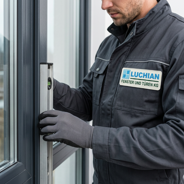 Schnittmodell zweier Fensterprofile: ein weißes Kunststofffenster und ein blaues Aluminiumfenster, jeweils mit Isolierglas und umlaufenden Dichtungen